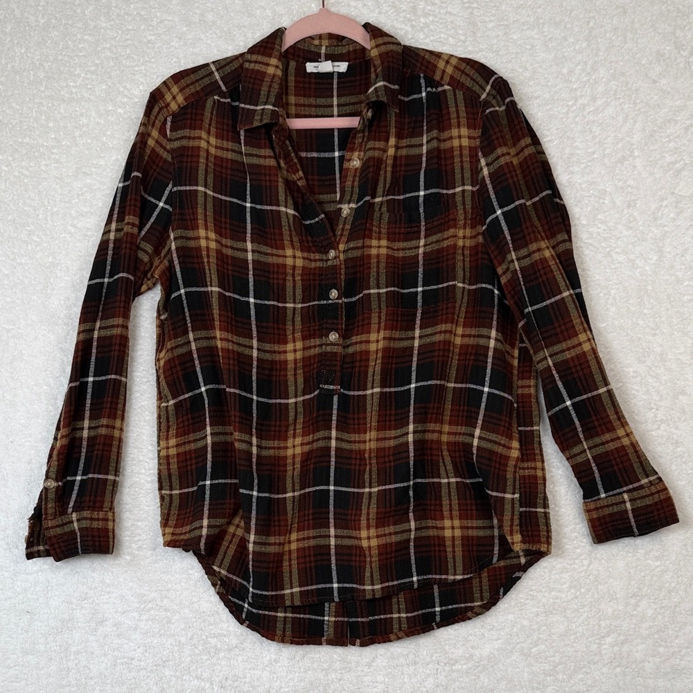 Women’s Brown, Beige, Black Plaid Flannel Gauze 1/2 Button-Up Collar Shirt